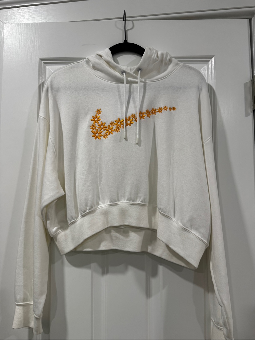 Nike White Cropped Hoodie with Orange Floral Swoosh